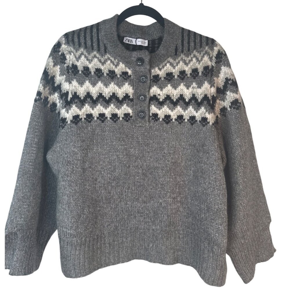 ZARA Gray Nordic Knit Sweater S Wool Blend Womens Button-Up Collar NWT